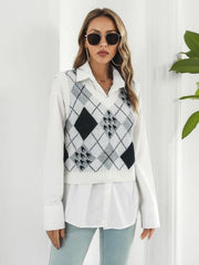 V-Neck Plaid Sweater Vest - Trendsi
