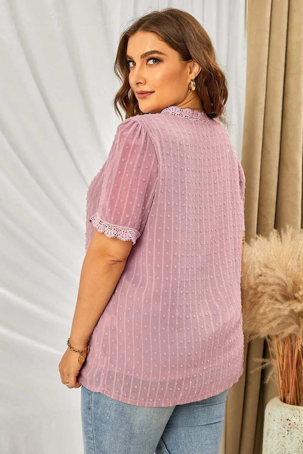 Plus Size Swiss Dot Spliced Lace V-Neck Blouse - Trendsi - Flyclothing LLC