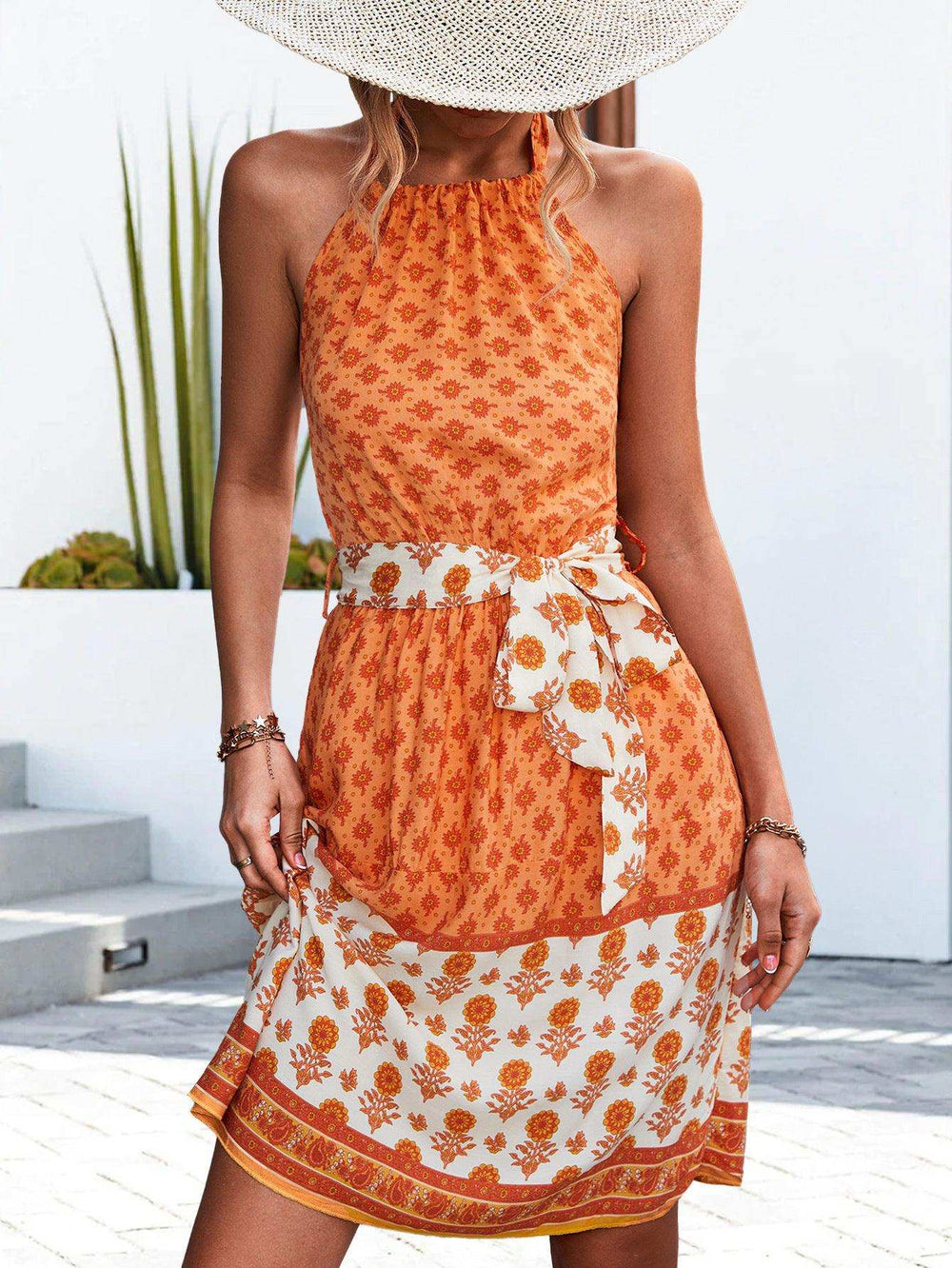 Floral Halter Neck Tie Waist Dress - Trendsi - Flyclothing LLC