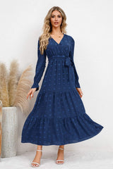 Swiss Dot Tied Surplice Flounce Sleeve Dress - Trendsi - Flyclothing LLC