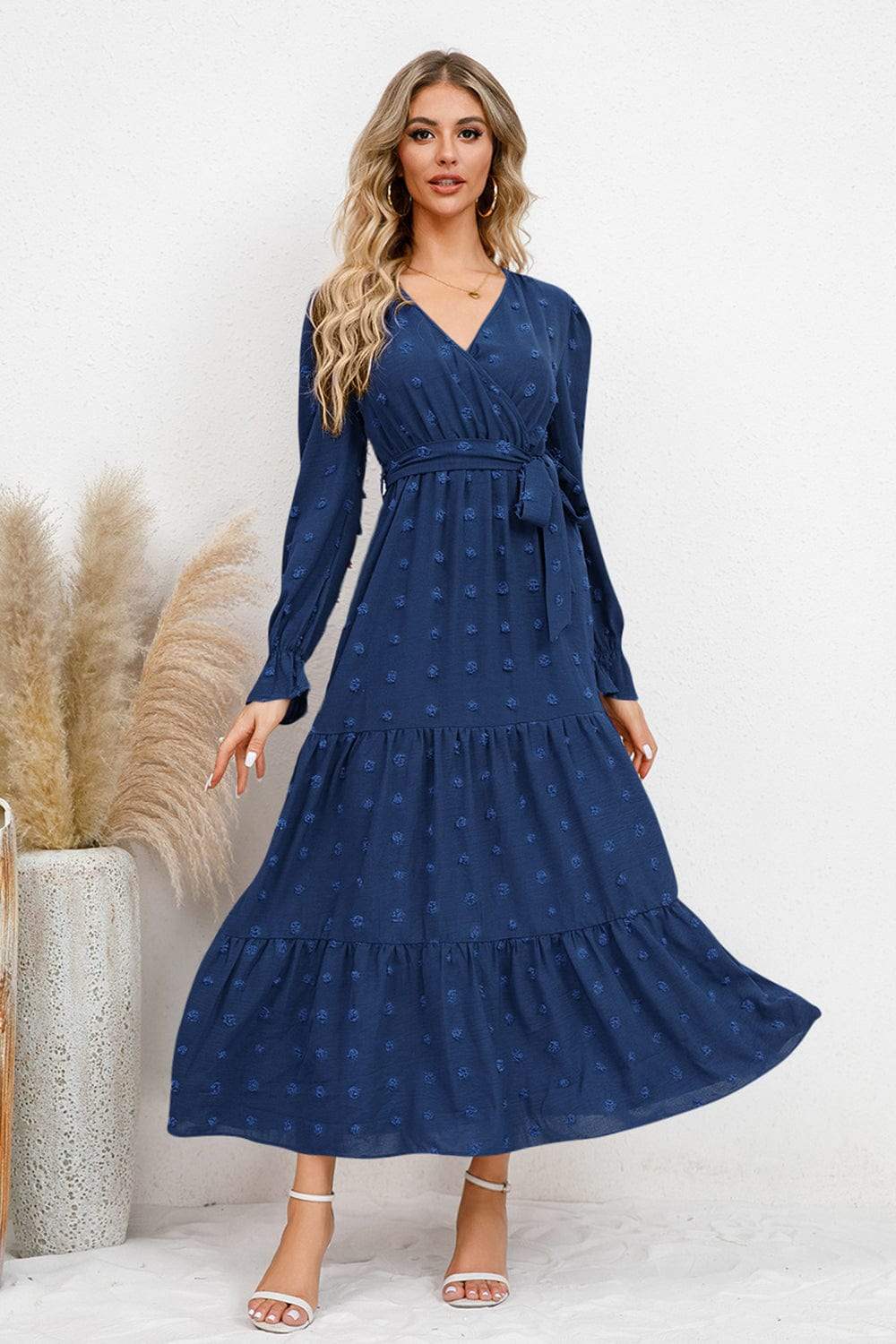 Swiss Dot Tied Surplice Flounce Sleeve Dress - Trendsi - Flyclothing LLC