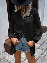 Notched Neck Balloon Sleeve Shirt - Trendsi - Flyclothing LLC