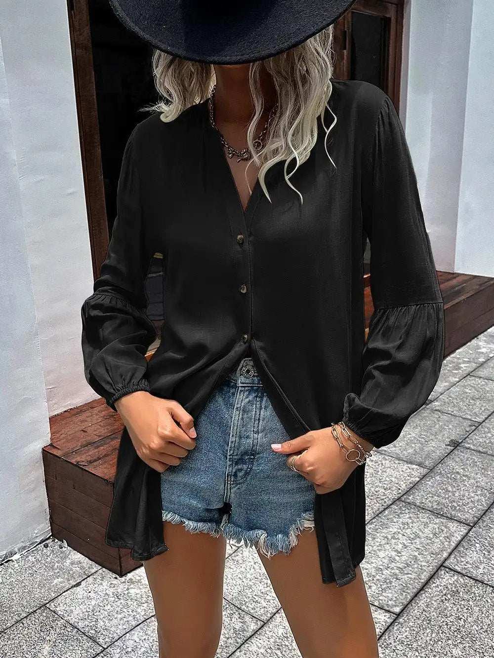 Notched Neck Balloon Sleeve Shirt - Trendsi - Flyclothing LLC