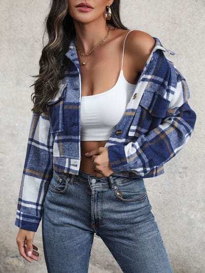 Plaid Button Up Drop Shoulder Cropped Jacket - Trendsi - Flyclothing LLC