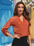 Notched Neck Long Sleeve Top - Trendsi - Flyclothing LLC