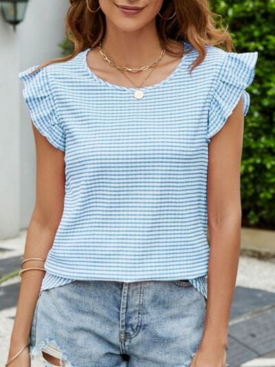 Plaid Ruffled Round Neck Cap Sleeve T-Shirt - Trendsi