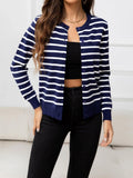 Striped Round Neck Long Sleeve Buttoned Knit Top - Trendsi