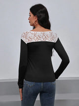 Lace Trim Long Sleeve Round Neck Tee - Trendsi - Flyclothing LLC