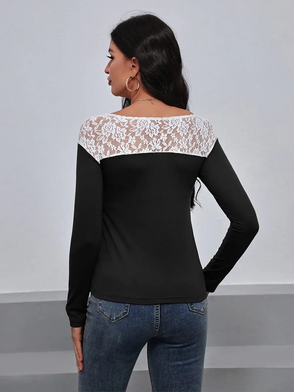 Lace Trim Long Sleeve Round Neck Tee - Trendsi - Flyclothing LLC