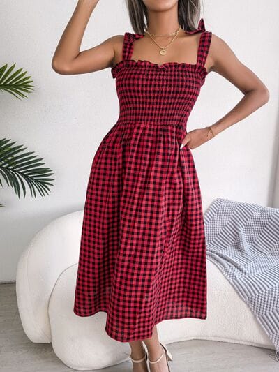 Frill Plaid Square Neck Midi Dress - Trendsi