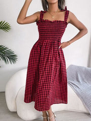 Frill Plaid Square Neck Midi Dress - Trendsi