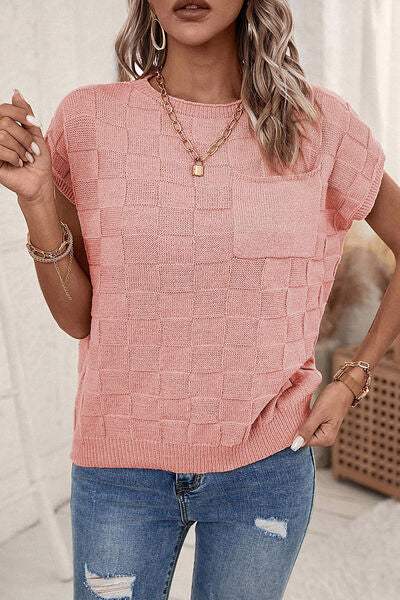 Plaid Pocketed Round Neck Sweater - Trendsi - Flyclothing LLC