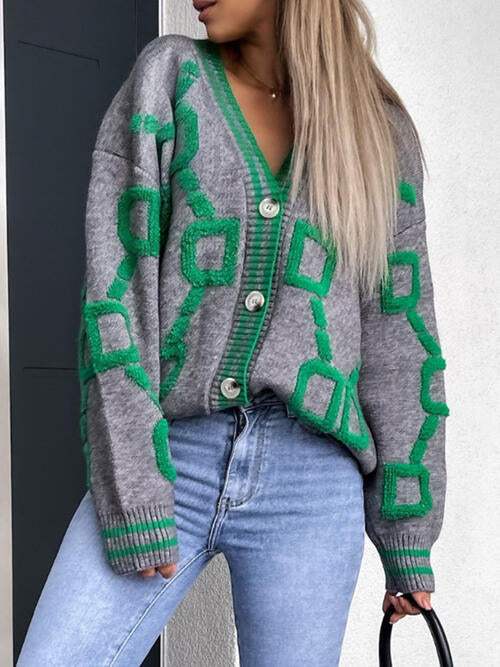 Geometric Dropped Shoulder Button Down Cardigan - Trendsi - Flyclothing LLC