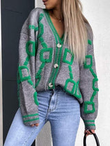 Geometric Dropped Shoulder Button Down Cardigan - Trendsi - Flyclothing LLC