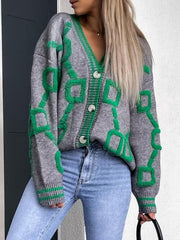 Geometric Dropped Shoulder Button Down Cardigan - Trendsi