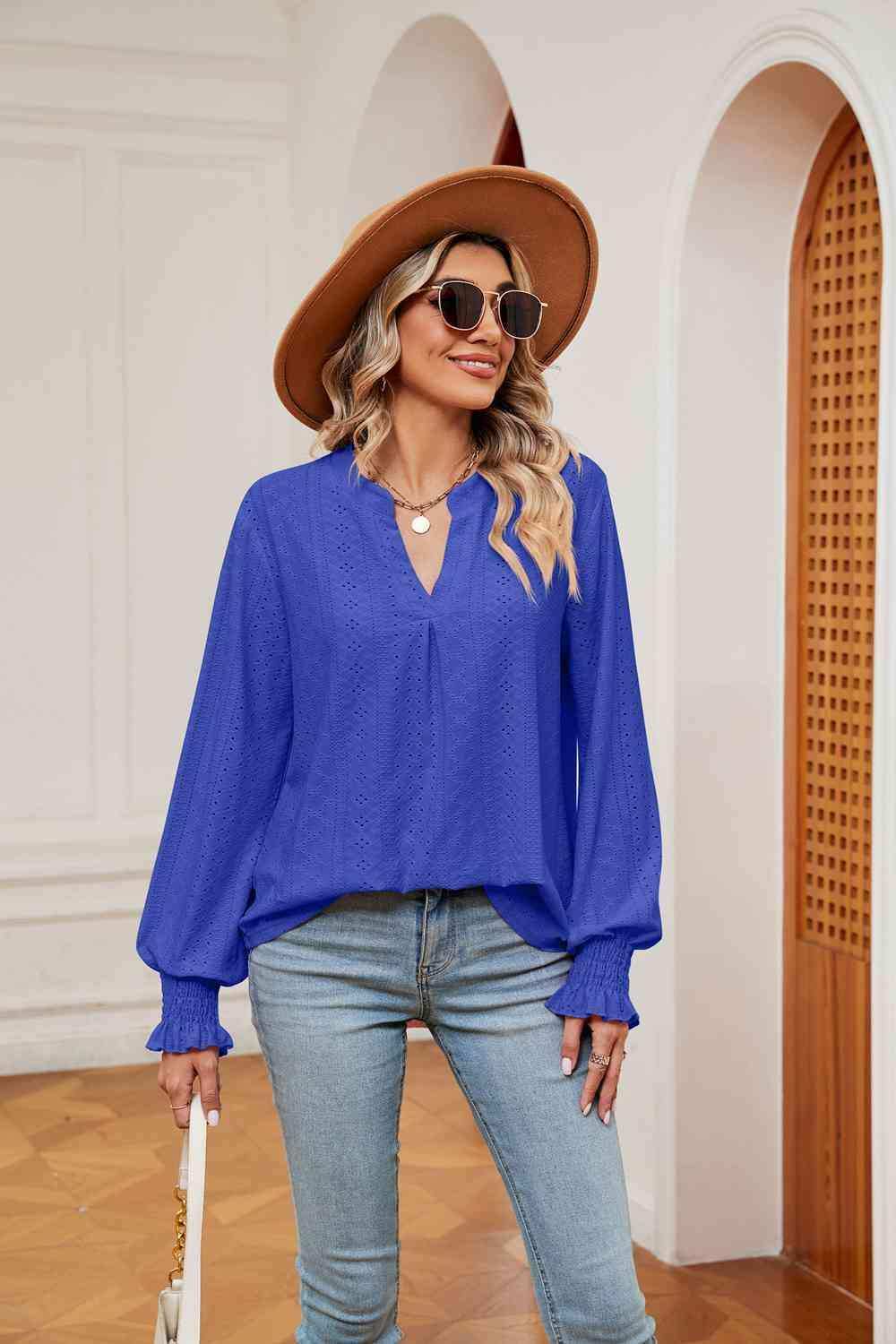 Notched Neck Flounce Sleeve Blouse - Trendsi - Flyclothing LLC