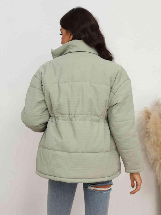 Drawstring Waist Zip-Up Puffer Jacket - Trendsi