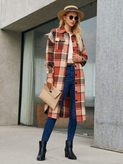 Plaid Pocketed Button Up Trench Coat - Trendsi - Flyclothing LLC
