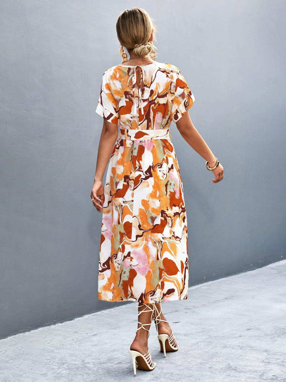 Round Neck Short Sleeve Tie Waist Midi Dress - Trendsi - Flyclothing LLC