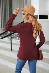 Cable-Knit Long Sleeve V-Neck T-Shirt - Trendsi