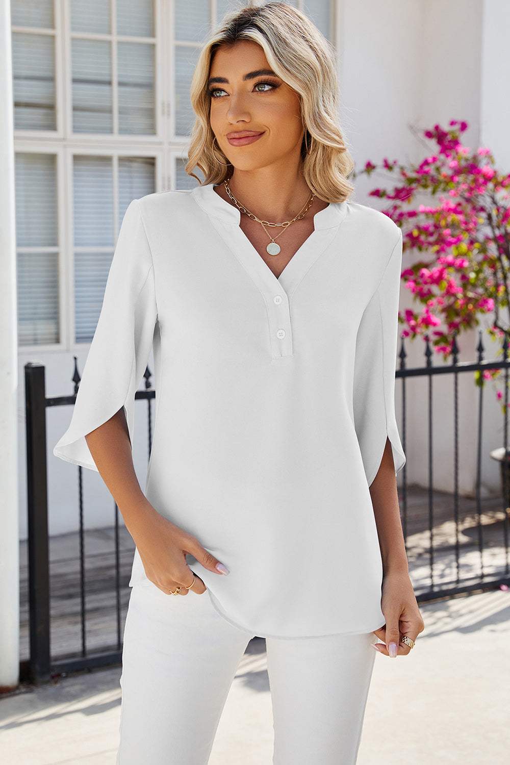 Notched Half Button T-Shirt - Trendsi - Flyclothing LLC