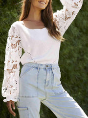 Ribbed Lace Trim Flounce Sleeve Knit Top - Trendsi