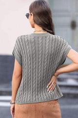 Cable-Knit Round Neck Cap Sleeve Sweater - Trendsi - Flyclothing LLC