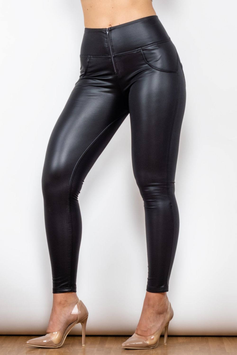 Shascullfites Black Faux Leather Zipper Crop Top Lifting Leather Pants Set