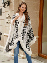 Checkered Faux Fur Trim Poncho - Trendsi - Flyclothing LLC