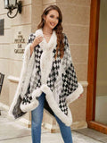 Checkered Faux Fur Trim Poncho - Trendsi