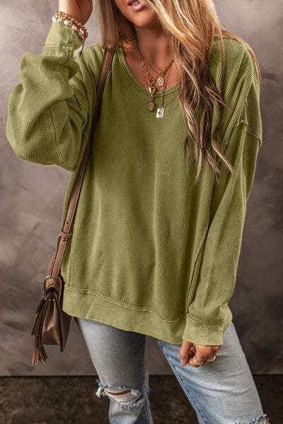 Round Neck Dropped Shoulder Sweatshirt - Trendsi - Flyclothing LLC