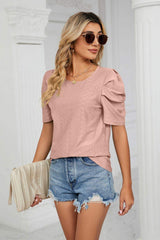 Eyelet Puff Sleeve Round Neck Blouse - Trendsi - Flyclothing LLC