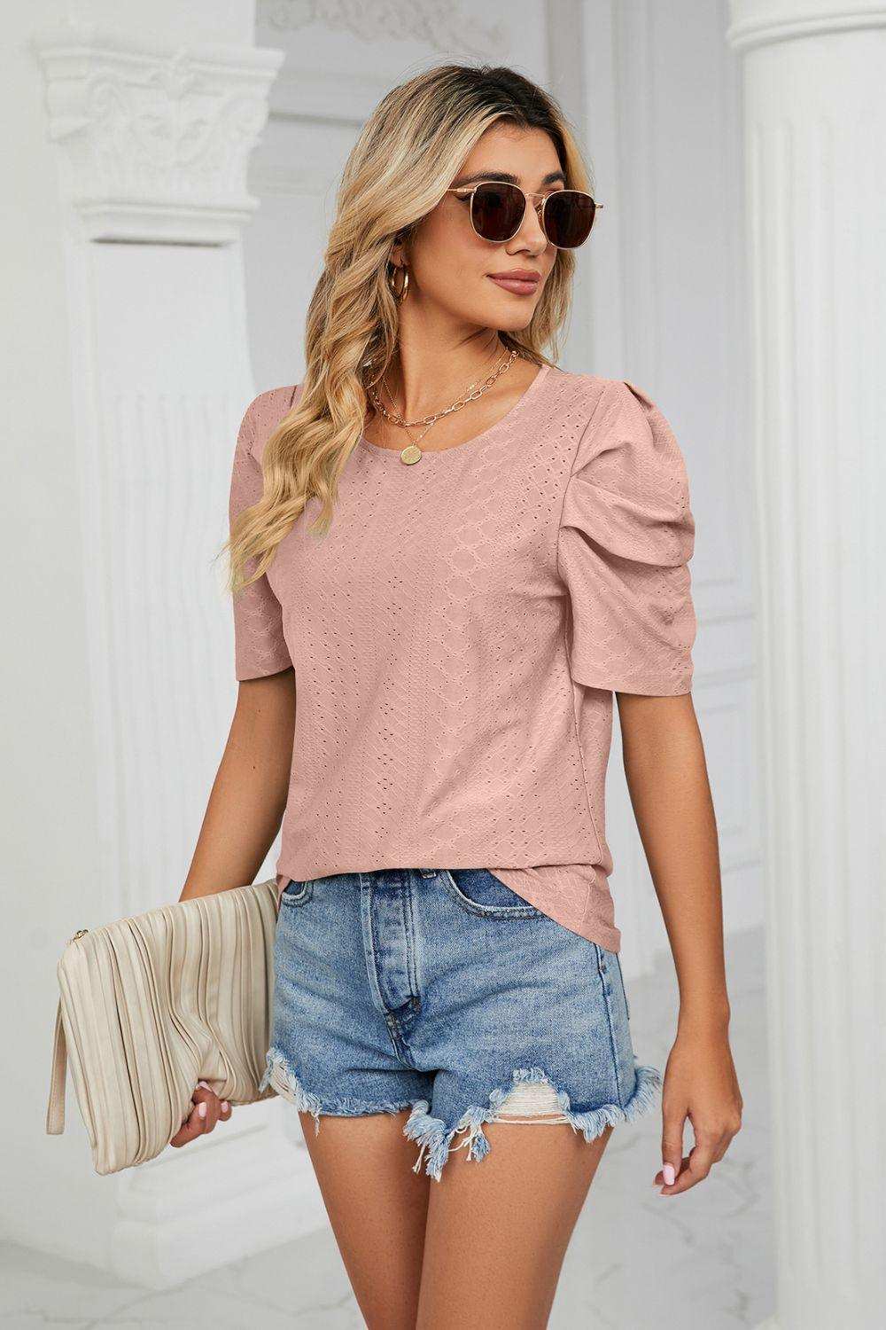 Eyelet Puff Sleeve Round Neck Blouse - Trendsi - Flyclothing LLC
