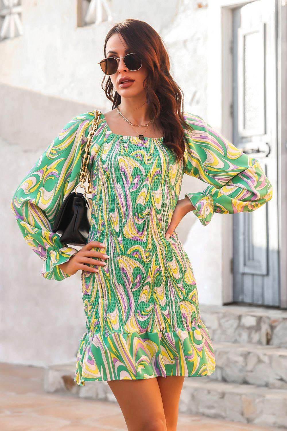 Abstract Print Square Neck Smocked Dress - Trendsi - Flyclothing LLC