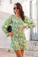Abstract Print Square Neck Smocked Dress - Trendsi - Flyclothing LLC