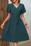 Buttoned V-Neck Flutter Sleeve Pleated Dress - Trendsi