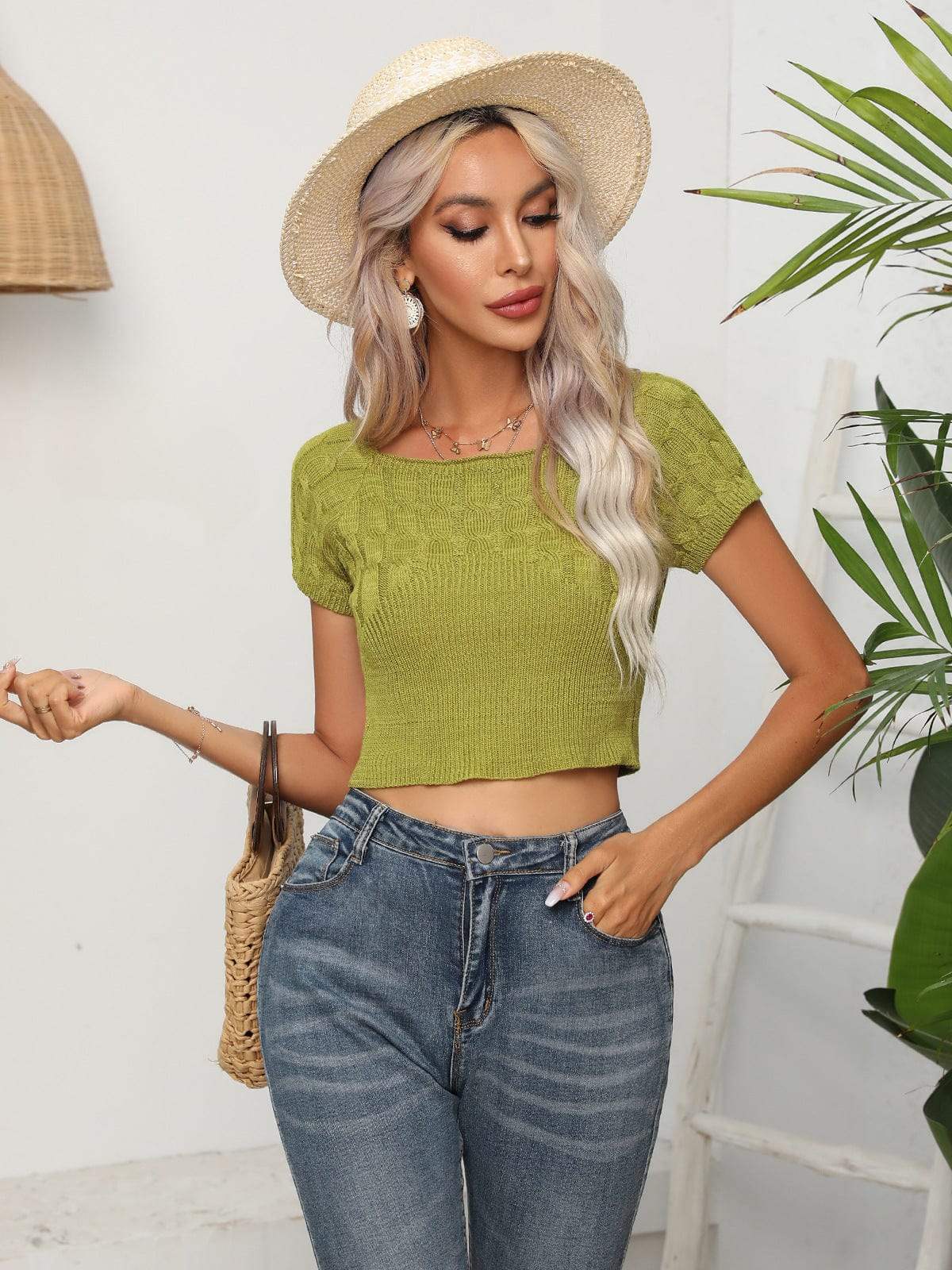 Cable-Knit Round Neck Short Sleeve Knit Top - Trendsi - Flyclothing LLC