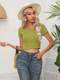 Cable-Knit Round Neck Short Sleeve Knit Top - Trendsi - Flyclothing LLC
