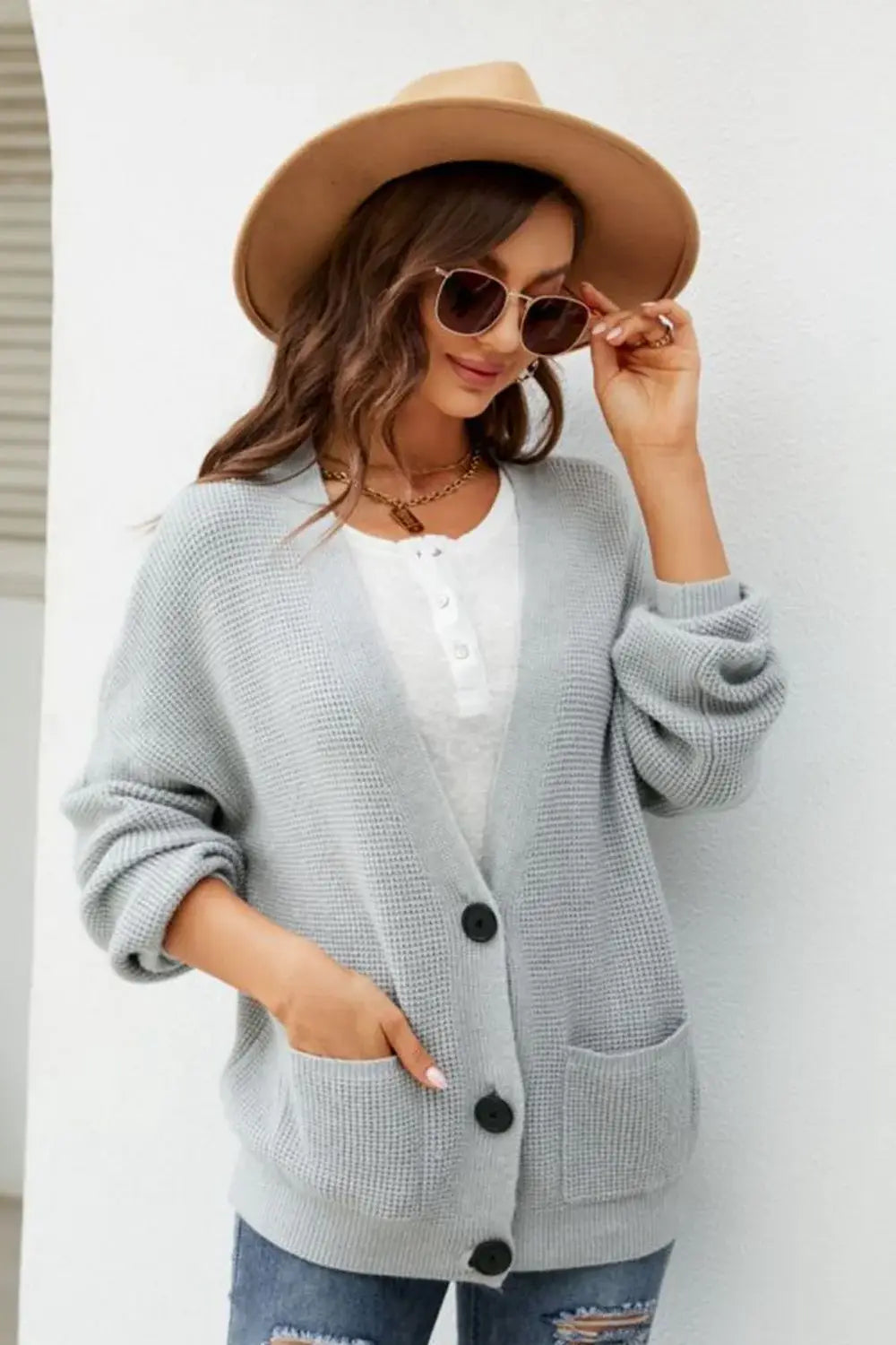 Waffle-Knit Dropped Shoulder Cardigan - Trendsi - Flyclothing LLC