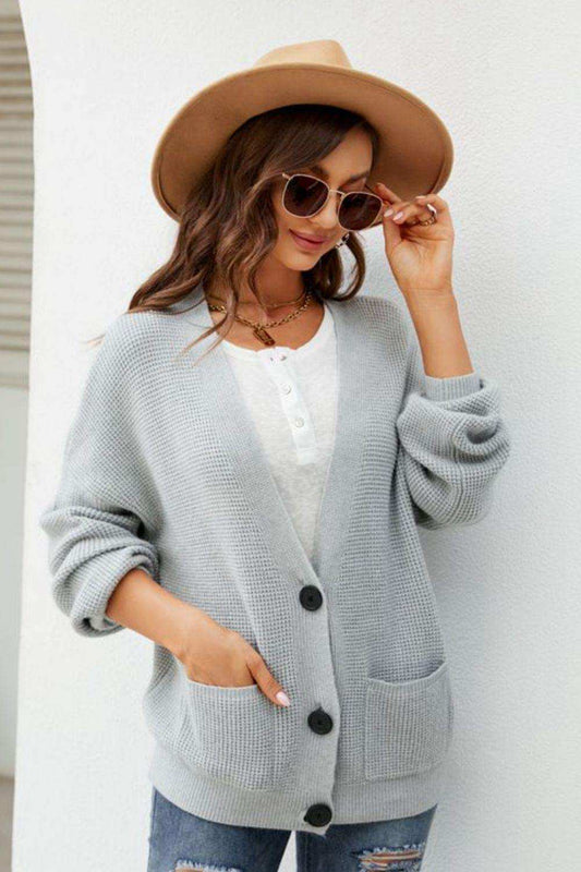 Waffle-Knit Dropped Shoulder Cardigan - Trendsi - Flyclothing LLC