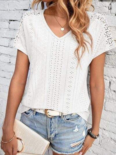 Eyelet V-Neck Short Sleeve T-Shirt - Trendsi - Flyclothing LLC