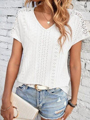 Eyelet V-Neck Short Sleeve T-Shirt - Trendsi