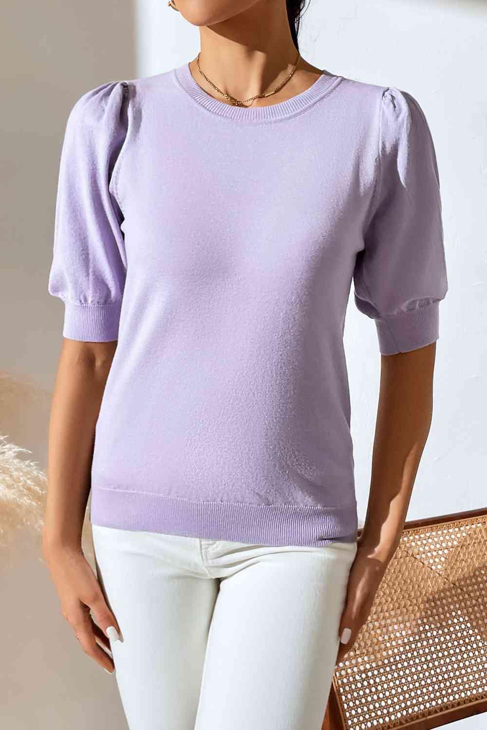 Round Neck Puff Sleeve Knit Top - Trendsi