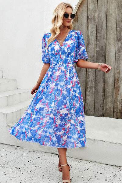 Smocked Printed V-Neck Short Sleeve Dress - Trendsi - Flyclothing LLC
