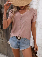 Eyelet V-Neck Petal Sleeve T-Shirt - Trendsi