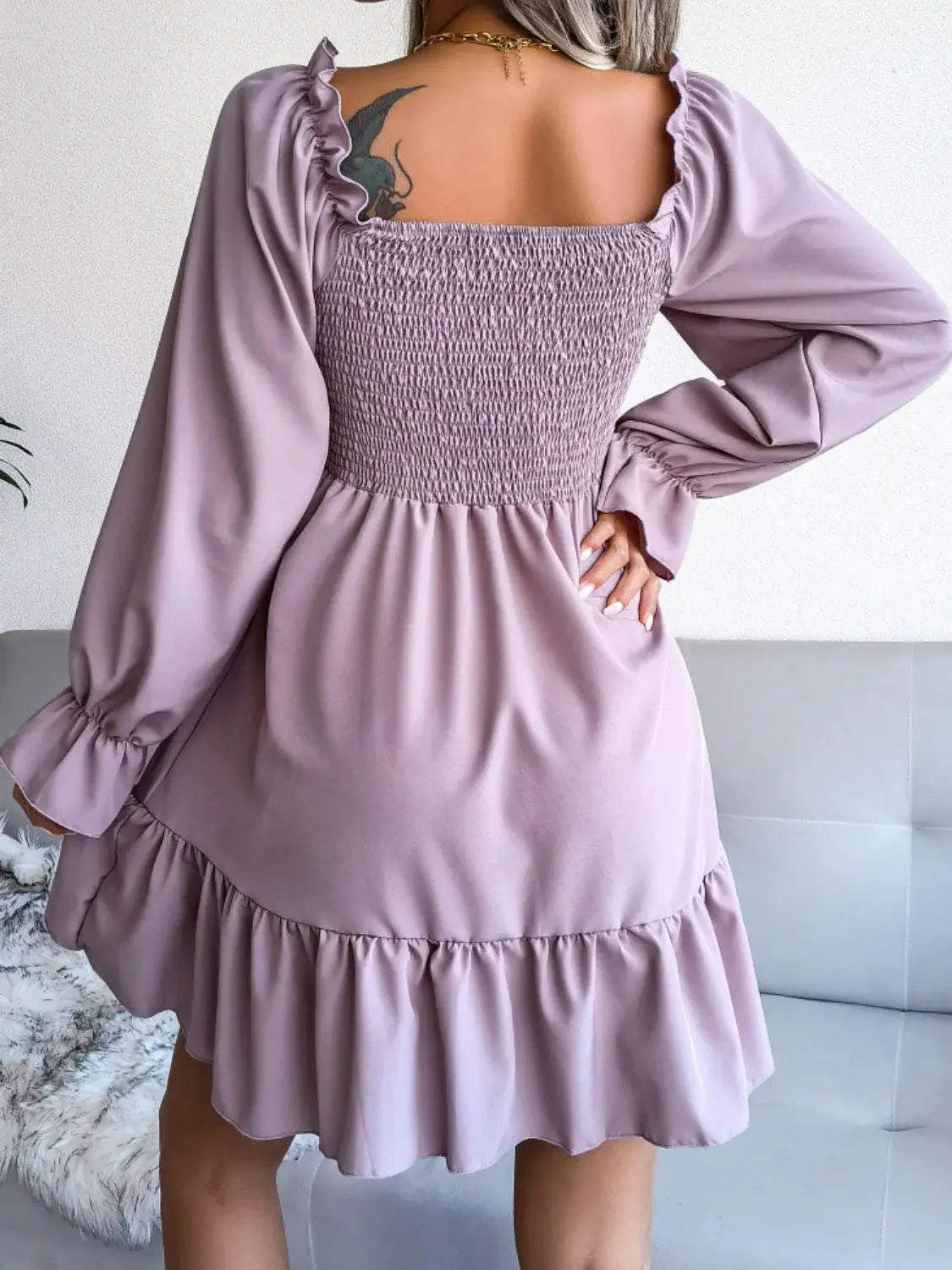 Smocked Flounce Sleeve Square Neck Dress - Trendsi - Flyclothing LLC