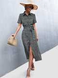 Printed Tie Waist Short Sleeve Shirt Dress - Trendsi - Flyclothing LLC