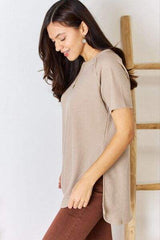 Zenana Baby Waffle Short Sleeve Slit High-Low T-Shirt - Trendsi - Flyclothing LLC