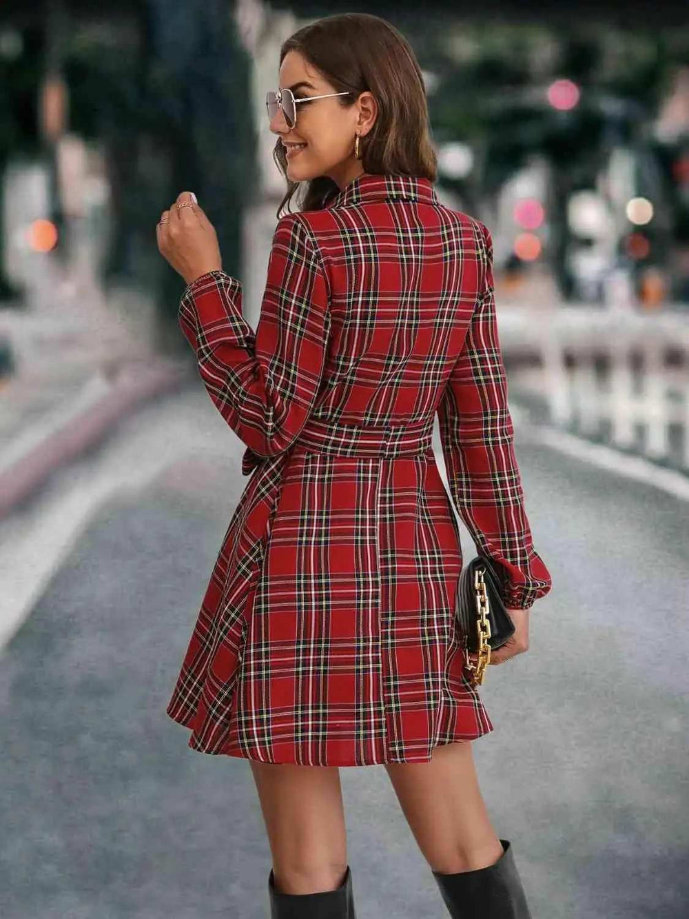 Plaid Tie Front Collared Neck Long Sleeve Dress - Trendsi - Flyclothing LLC