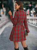 Plaid Tie Front Collared Neck Long Sleeve Dress - Trendsi - Flyclothing LLC